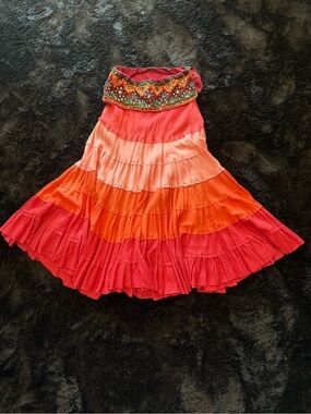 Stunning Boho Tiered Ruffled Coral to Pink Maxi Skirt with Embroidered Waistband